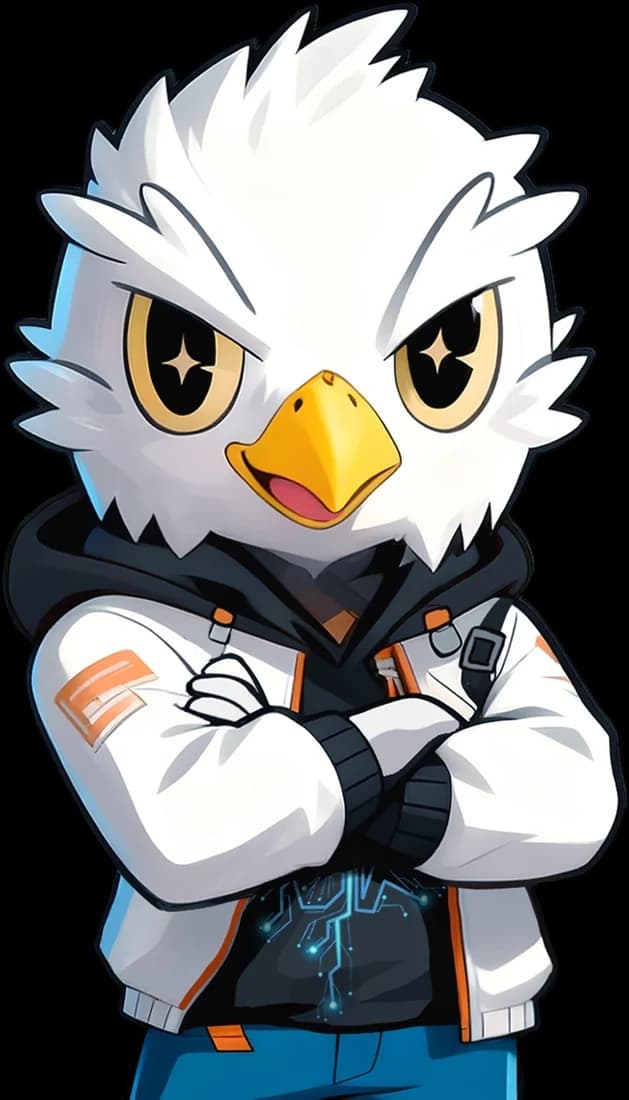 Xiaoying, the Biteagle mascot, with arms crossed